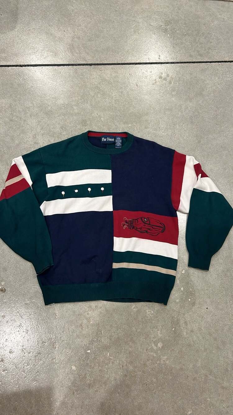 VINTAGE Embroidered Knitted Mens Par Four Golf Pullover Sweater Size L